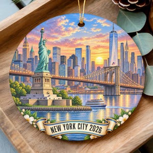 May include: A round ceramic ornament with a glazed finish featuring a colorful illustration of the Statue of Liberty, the Brooklyn Bridge, and the New York City skyline at sunset. A banner at the bottom displays the text NEW YORK CITY 2026.