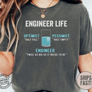 May include: A dark gray t-shirt with the text "Engineer Life" printed on it. The text is in white and is centered on the shirt. Below the text is a graphic of a glass of water with the words "Optimist" and "Pessimist" printed on either side of the glass. The words "Half Full" and "Half Empty" are printed below the words "Optimist" and "Pessimist". Below the glass is the word "Engineer" printed in white. Below the word "Engineer" is the text "Twice as big as it needs to be" printed in white.