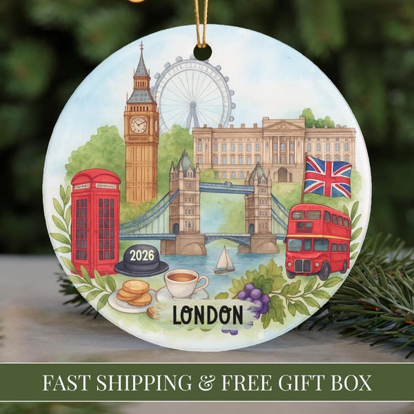 London Ornament 2026 London Travel Souvenir Watercolor London Landmarks Vacation Keepsake London Christmas Ornament UK Trip Ornament Xmas