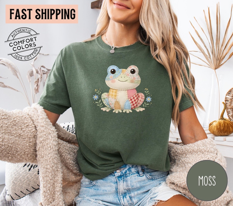 Patchwork Frog Shirt Cottagecore Frog Tee Faux Quilting Aesthetic Frog T-Shirt Cute Frog Gift For Her Shirt Sewing Lover Gift Tee image 5