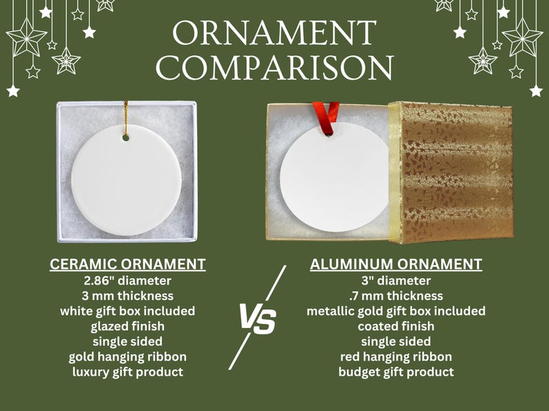 May include: A comparison of ceramic and aluminum ornaments. The ceramic ornament is 2.86 inches in diameter and 3 mm thick, with a white gift box and gold hanging ribbon. The aluminum ornament is 3 inches in diameter and .7 mm thick, with a metallic gold gift box and red hanging ribbon.