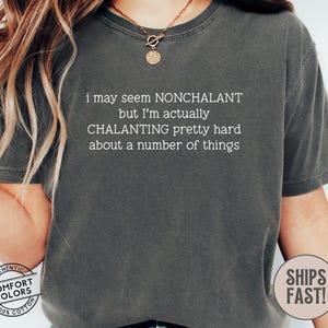 May include: Dark gray t-shirt with the text "i may seem NONCHALANT but I'm actually CHALANTING pretty hard about a number of things" in white. The shirt has a vintage look and feel, with a Comfort Colors label.