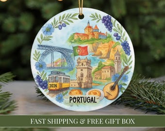 Portugal Ornament 2026 Portugal Travel Souvenir Lisbon Algarve Watercolor Ornament Portugal Vacation Keepsake Travel Christmas Ornament Xmas