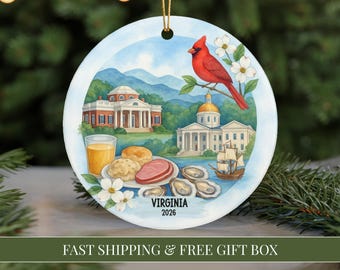 Virginia Ornament 2026 VA Christmas Ornament Virginia State Souvenir Cardinal Dogwood Decor Monticello Jamestown Holiday Ornament Xmas Gift