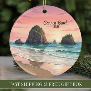 Cannon Beach Ornament 2026 Haystack Rock Oregon Xmas Ornament Christmas Travel Souvenir PNW Vacation Gift Astoria Coastal Keepsake Beach