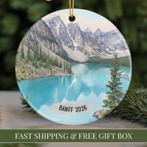 Banff Christmas Ornament 2026 Moraine Lake Alberta Canada Personalized Travel Keepsake Gift Rocky Mountains Art Decor Banff Ornament Xmas image 1