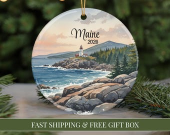 Acadia Ornament Maine Lighthouse 2026 Watercolor Christmas Gift Souvenir Personalized Travel Gift Bar Harbor Keepsake Maine Xmas Ornament