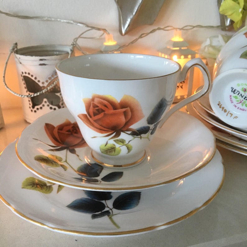 Vintage Windsor Bone China Teacup, Saucer, Side Plate with Roses, 2 Available image 1