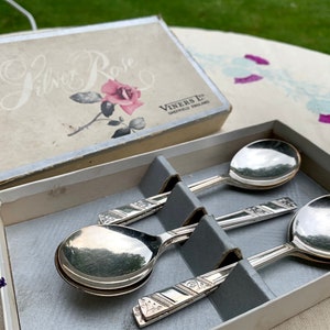 Set of 6 Vintage Viners Silver Rose Dessert Spoons in Original Box