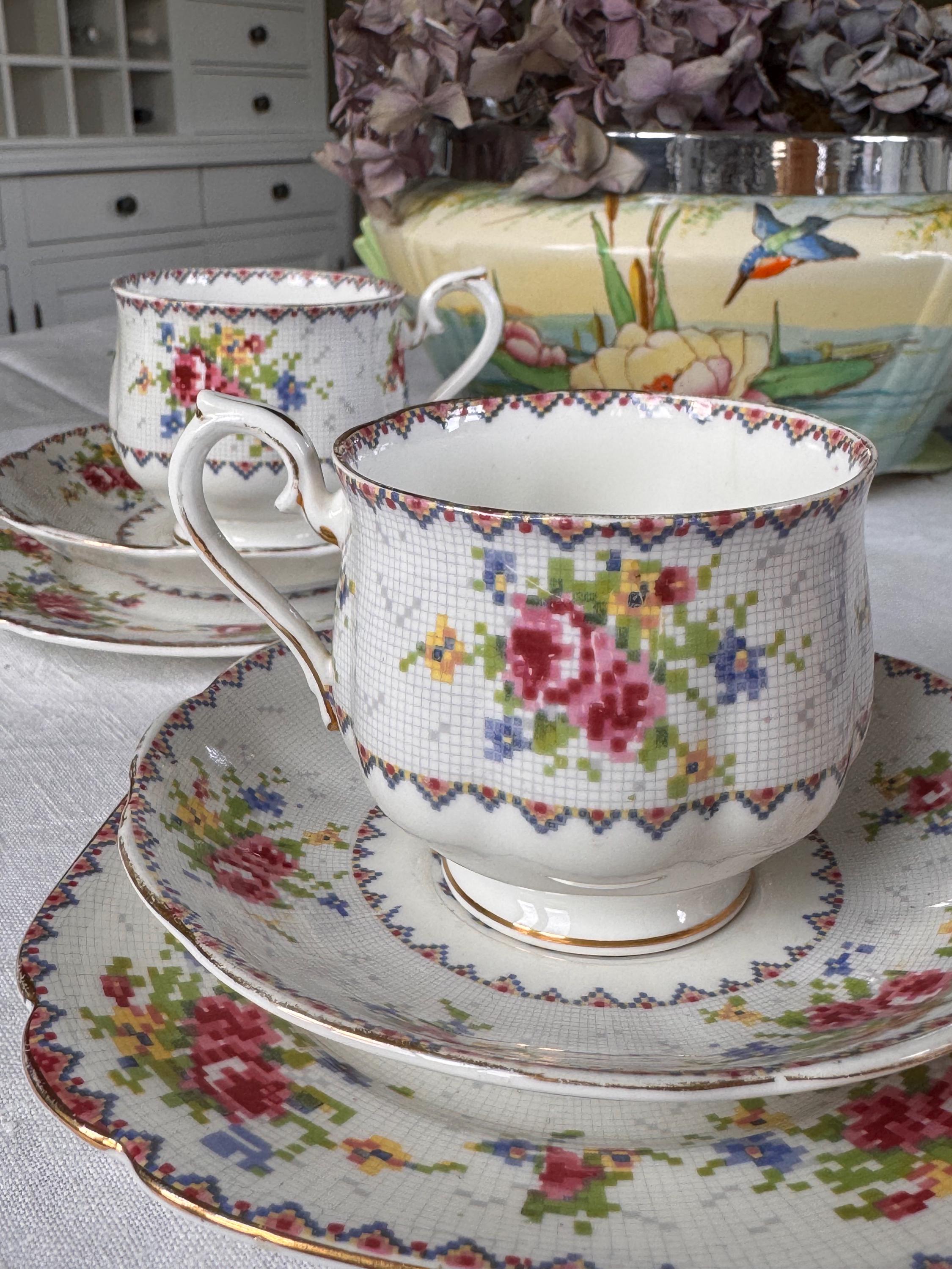 Pair of Vintage Royal Albert 'petit Point' Teacups, Saucers, Side