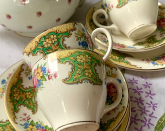 Vintage Washington Pottery Tea Cup, Saucer, Side Plate, Green, Floral, Rockingham, 3 Available
