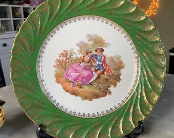 Vintage Large 'La Reine', Green Limoges Plate, Fragonard Lovers