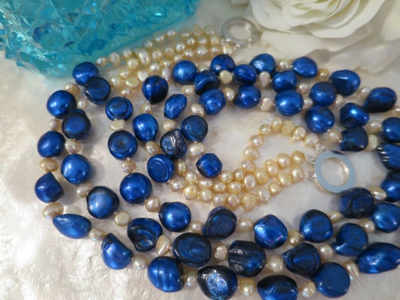 Stunning Cobalt Blue & champagne 3 strand Baroque… - image 10