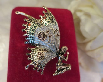 Fantastic Vintage style Art Nouveau Lady with wings, Red, Green, Brooch