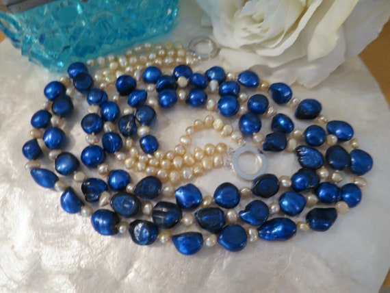 Stunning Cobalt Blue & champagne 3 strand Baroque… - image 9