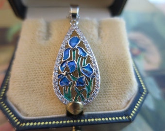 Vintage Art Deco design Jewellery White Gold Blue enamel crystal Necklace (