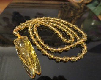 Gorgeous Vintage Art Deco Style Citrine Glass Cicada Pendant Neckace