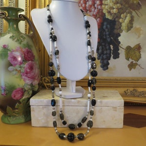 Lovely vintage double strand white smokey Glass long Necklace (250)