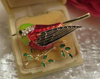 Fantastic Vintage Art Deco design Bird Brooch, gold tone rhinestones & enamel