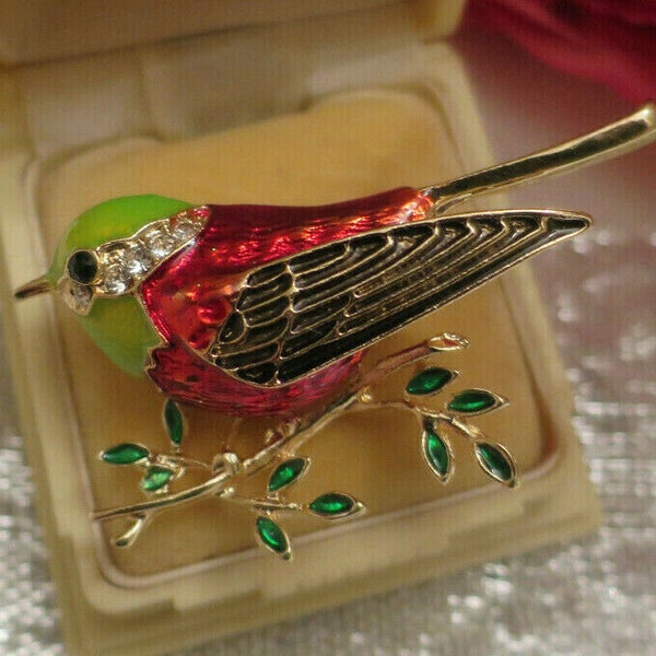 Fantastic Vintage Art Deco design Bird Brooch, gold tone rhinestones & enamel