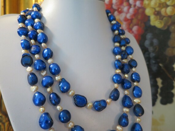 Stunning Cobalt Blue & champagne 3 strand Baroque… - image 5