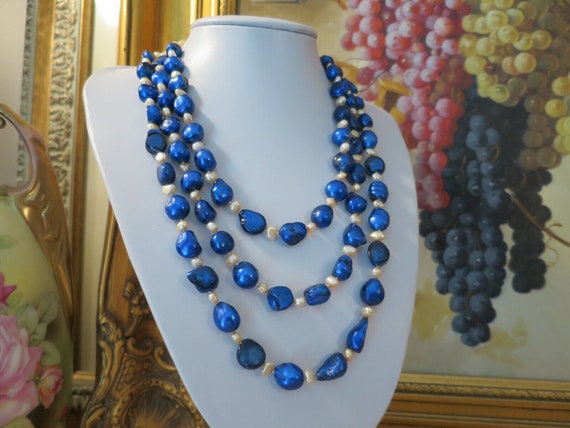 Stunning Cobalt Blue & champagne 3 strand Baroque… - image 1