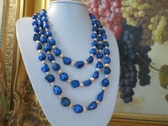 Stunning Cobalt Blue & champagne 3 strand Baroque… - image 4