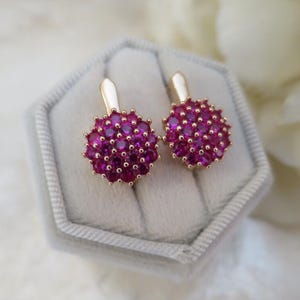 May include: A pair of gold earrings featuring circular clusters of small, vibrant fuchsia-pink stones. Each earring has a smooth, solid gold post and a rounded, dome-shaped setting densely packed with multiple faceted stones in a bright pink hue.
