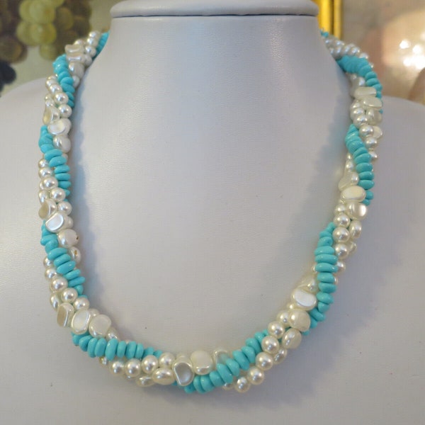 Fabulous Vintage faux pearl faux turquoise mid century twist Necklace (280)