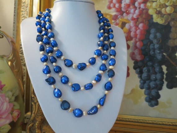 Stunning Cobalt Blue & champagne 3 strand Baroque… - image 2