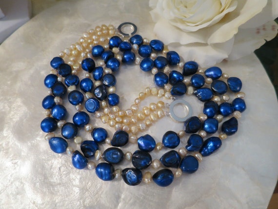 Stunning Cobalt Blue & champagne 3 strand Baroque… - image 3