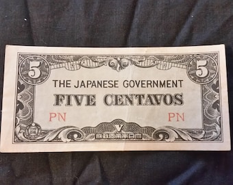 WWII Japanese Government - Five Centavos PN Bill Philippines
