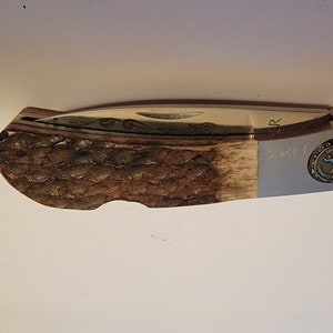 May include: A closed pocket knife with a stag horn handle and a silver blade. The blade has a decorative etching and the handle has a silver band with the number "11263" engraved on it. The knife has a silver cap with a round emblem that says "Schrade +  Cutlery  U.S.A."