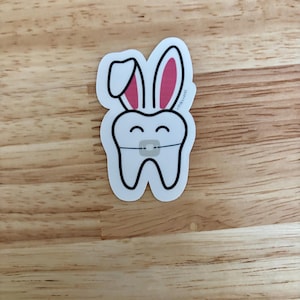 Adesivo de dente dental | Adesivo de dente de coelho da Páscoa com aparelho | Adesivo recortado