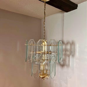 Mid Century Modern Etched Beveled Glass Atomic Glam Ceiling Light Fixture, Vintage 1980s Pendant Chandelier