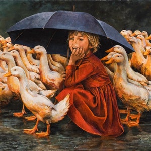 May include: A young girl in a red dress sits under a blue umbrella, smiling as she watches a flock of white ducks walk past her. The ducks are in a line, and the girl is in the middle of the image.