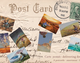 May include: A set of eight vintage-style postcards featuring whimsical illustrations of dreams, including a hot air balloon, a horse and rider, and a globe with a bird perched on top. The postcards are printed on aged paper with a faded, antique look. The text on the postcards reads "Carte postale - delivering dreams" and "8 postcards - assortment - $20.00".