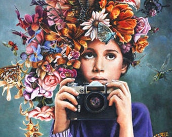 Flower Butterfly Photography Lover Birthday Gift, handpainted handmade orginal art, Camera lover gift art