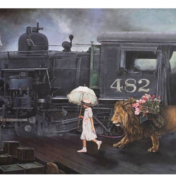 Home Decor Print, Lori Preusch, Wall Art for Girls Room, Lion Art, Steam Train Art, Bound For Dreams Print, Nursery Decor