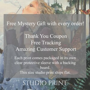 May include: A watercolor painting of a young girl blowing bubbles in a forest setting. The painting features a whimsical and magical atmosphere with butterflies and flowers. The text "Free Mystery Gift with every order! Thank You Coupon Free Tracking Amazing Customer Support Each print comes packaged in its own clear protective sleeve with a backing board. This size studio print ships flat. STUDIO PRINT" is included in the image.