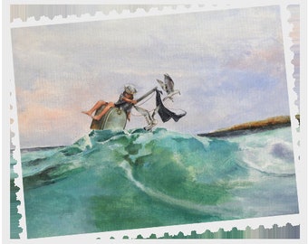 May include: A painting of a person riding a vintage suitcase on a wave in the ocean. The person is wearing a hat and holding onto a rope attached to a bird. The sky is a light blue and the water is a turquoise green.