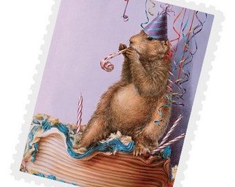 Groundhog Art Stamp,Postcrossing Sticker, Gift for Postcrosser, Gummed Vintage-Style Stamps, February 2nd Stamp, Groundhog Day sticker