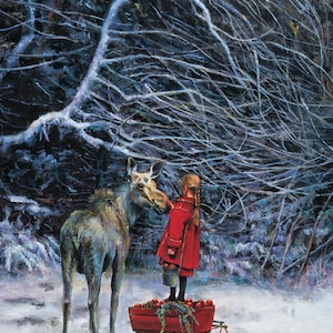 May include: A young girl wearing a red coat stands beside a moose in a snowy woodland. The girl is holding a bucket of red apples and is standing on a red sleigh filled with apples. The background is a dark forest with snow-covered branches.