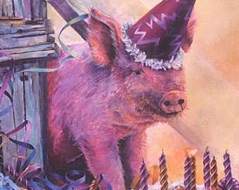 Birthday Card, Pig, Animal Birthday Card, Pig in Party Hat