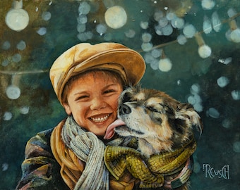 Dog Lover Art Card, Dog Art Card, Dog Greeting Card, Puppy and Boy artwork, Card for Boy, Lori Preusch Art, 401 Laughing Eyes