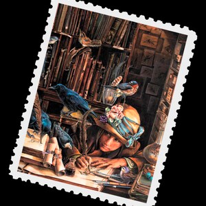 Postcrossing Stamp, Postcrossing Sticker, Gift for Postcrosser, Gummed Vintage-Style Stamps, Art Stamp, Lori Preusch Art, Quill stamp