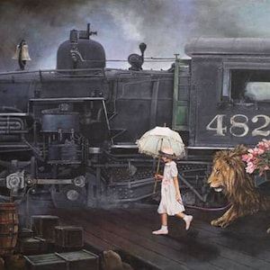 Home Decor, Wall Art, Lori Preusch Art Print, Art for Children's Room, Lion, Steam Train, Bound For Dreams Limited Edition Giclee' Print image 2