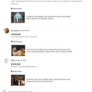 May include: A collection of customer reviews for a shop that sells Christmas cards. The reviews are positive and highlight the quality and beauty of the cards. The cards feature a variety of themes, including a collie dog, a gingerbread man, a horse, and a mountain lion.