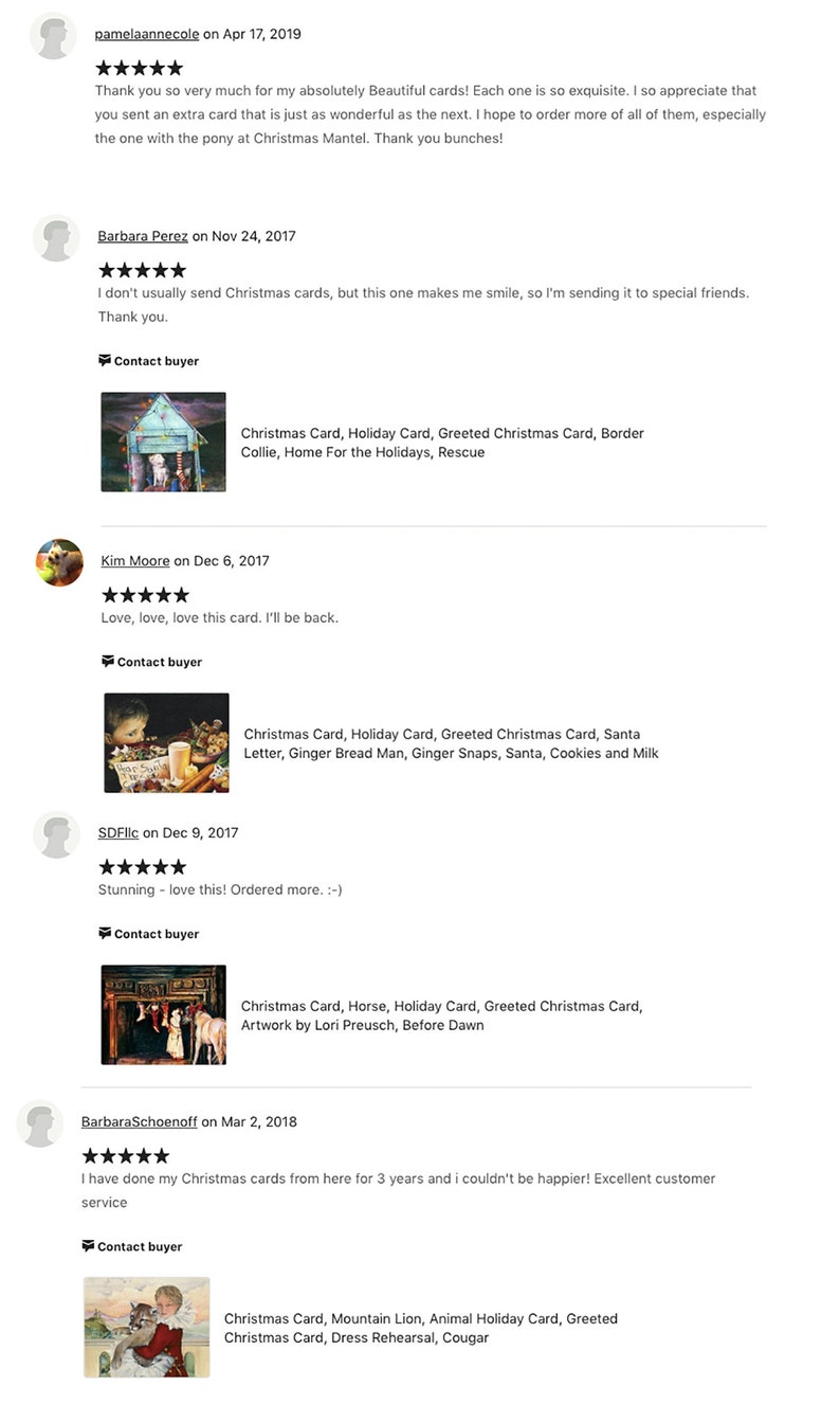 May include: A collection of customer reviews for a shop that sells Christmas cards. The reviews are positive and highlight the quality and beauty of the cards. The cards feature a variety of themes, including a collie dog, a gingerbread man, a horse, and a mountain lion.