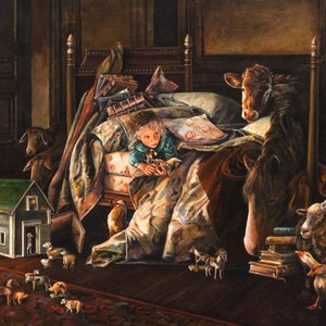 May include: A painting depicting a young girl in a bed with a cow and a horse. The girl is holding a small bird in her hand. Other animals are present in the room, including a rooster, a pig, and a sheep. The room is decorated with books and other items.